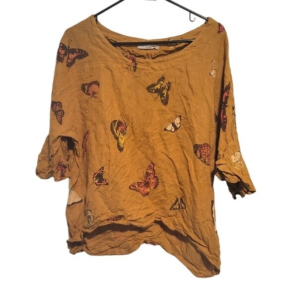Viola Borghi Tan Butterfly Print 100% Linen Ruffle Sleeve Blouse Size Small - Picture 1 of 6